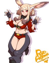  2017 5_fingers animal_humanoid belt big_breasts biped blonde_hair bottomwear breasts brown_body brown_fur brown_hair chaps cleavage clothed clothing crop_top crotchless_clothing denim denim_clothing digital_media_(artwork) dipstick_ears ear_markings female fingerless_gloves fingers fluffy fluffy_tail footwear front_view fur gloves grey_bottomwear grey_clothing hair handwear humanoid humanoid_hands inner_ear_fluff japanese lagomorph lagomorph_humanoid leporid_humanoid looking_at_viewer mammal mammal_humanoid midriff multicolored_ears multicolored_hair navel on_one_leg portrait pose rabbit_humanoid raised_arm red_bottomwear red_clothing red_eyes red_topwear ryo_agawa shadow shirt shoes short_hair short_tail shorts simple_background slim small_waist smile solo standing tail text three-quarter_portrait topwear tuft two_tone_hair url watermark white_background white_body white_fur yellow_body yellow_fur 