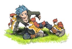  1boy baby_panther biting blue_eyes blue_hair boots camus_(dq11) commentary_request dated dragon_quest dragon_quest_xi fingerless_gloves gloves grass jewelry kinako_(462) looking_down male_focus necklace short_hair simple_background spiked_hair white_background 