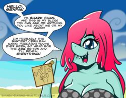  2017 anthro beach big_breasts bikini blue_eyes breasts catfood-mcfly cleavage clothed clothing detailed_background dialogue english_text female fish gesture greeting hair hand_gesture heart_symbol marine non-mammal_breasts open_mouth outside paper pink_hair sand seaside shark shark-chan shark_dating_simulator_xl sharp_teeth sky solo speech_bubble swimwear teeth text tumblr v_sign 