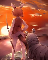  absurdres animal_ears ass blonde_hair cloud commentary day facing_away female from_behind gazelle_ears gazelle_horns gazelle_tail hand_on_own_hip highres holding horns it_was_a_long_and_painful_fight kanzakietc kemono_friends long_sleeves outdoors pantyhose savanna_striped_giant_slug_(kemono_friends) shirt shoes short_hair sky slug standing sun sunset sweater_vest tail thomson&#039;s_gazelle_(kemono_friends) white_legwear white_shirt wind 