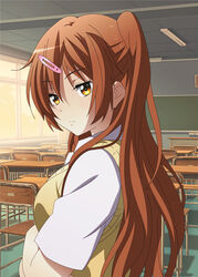  brown_eyes brown_hair chuunibyou_demo_koi_ga_shitai! classroom commentary_request desk female hair_ornament hairclip indoors long_hair nibutani_shinka one_side_up school_desk solo spiceg upper_body 