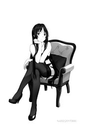  akiyama_mio arm_support bra chair commentary_request crossed_legs dated female frilled_panties frills full_body garter_straps greyscale hand_on_own_chin head_rest high_heels highres k-on! lace lace_bra lace_panties lingerie long_hair looking_at_viewer monochrome panties photoshop_(medium) pillow simple_background sitting solo thighhighs underwear very_long_hair white_background zjm530280188 