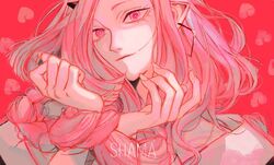  artist_name bad_id bad_twitter_id braid earrings eyelashes female fingernails heart highres horns jewelry kalmia_(shama) long_hair official_art original pink_background pink_eyes pink_hair pink_theme prison_clothes shama_(vocaloid) simple_background smile solo song_name upper_body wooma 