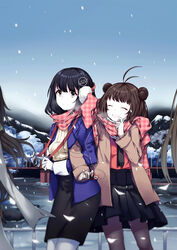  4girls alternate_costume antenna_hair black_hair black_skirt bridge brown_eyes brown_hair camera chinese_commentary closed_eyes commentary_request digital_media_player double_bun earmuffs earphones grin haguro_(kancolle) hair_bun highres iiiroha ipod kantai_collection locked_arms long_hair long_sleeves mountain multiple_girls naka_(kancolle) out_of_frame outdoors pantyhose ribbed_sweater scarf shared_earphones short_hair skirt smile snowing sweater 