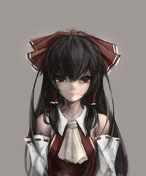  arms_at_sides ascot bad_id bad_pixiv_id bow closed_mouth commentary_request detached_sleeves female grey_background gyup hair_over_shoulder hair_tubes hairbow hakurei_reimu highres lips long_hair looking_at_viewer photoshop_(medium) red_bow red_eyes revision ribbon-trimmed_sleeves ribbon_trim solo touhou upper_body very_long_hair 