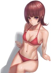  active_raid arm_support bikini blunt_bangs blush brown_hair commentary_request female flipped_hair highres kazari_asami looking_at_viewer navel purple_eyes ranma_(kamenrideroz) red_bikini shadow short_hair simple_background sitting smile solo swimsuit white_background 