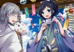  2boys :d bad_id bad_pixiv_id black_hair blue_eyes closed_eyes hand_fan haori japanese_clothes male_focus mole mole_under_eye multiple_boys open_mouth paper_fan ponytail scarf shinsengumi smile touken_ranbu tsurumaru_kuninaga uchiwa uguisu_mochi_(ykss35) white_hair wind_chime yamato-no-kami_yasusada 