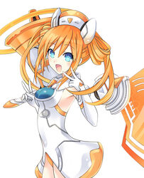  bad_id bad_pixiv_id bare_shoulders blue_eyes breasts elbow_gloves female gloves hair_ornament happy highres leotard long_hair looking_at_viewer medium_breasts megaphone neptune_(series) open_mouth orange_hair orange_heart_(neptunia) power_symbol power_symbol-shaped_pupils shin_jigen_game_neptune_vii simple_background smile solo symbol-shaped_pupils twintails white_background white_gloves zero_(ray_0805) 