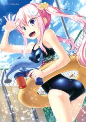  :d absurdres amamiya_minato animal_hair_ornament artist_name cloud day female hair_ornament highres holding innertube long_hair open_mouth original outdoors pink_hair purple_eyes school_swimsuit shiny_clothes smile solo swim_ring swimsuit twintails water_gun 