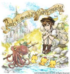  animal bag brown_hair commentary english_commentary female field gold green_eyes hat highres ikusy jewelry octopath_traveler octopath_traveler_i octopus official_art short_hair simple_background smile solo tressa_colzione 