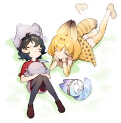  2girls :3 animal_ears backpack bad_id bad_twitter_id bag bare_shoulders black_hair blonde_hair boots bow bowtie closed_eyes commentary elbow_gloves extra_ears gloves hat hat_feather helmet high-waist_skirt kaban_(kemono_friends) kemono_friends loafers lucky_beast_(kemono_friends) lying multicolored_hair multiple_girls on_back on_stomach orange_bow orange_bowtie pantyhose pantyhose_under_shorts pith_helmet print_bow print_bowtie print_gloves print_thighhighs serval_(kemono_friends) serval_print shoes short_hair short_sleeves shorts skirt sleeping sleeveless symbol-only_commentary tail thighhighs uhhgaoh unworn_backpack unworn_bag unworn_hat unworn_headwear zettai_ryouiki 