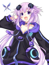  adult_neptune bad_id bad_pixiv_id blush breasts collar cowboy_shot d-pad d-pad_hair_ornament female hair_ornament highres hood hooded_jacket jacket long_hair looking_at_viewer medium_breasts neptune_(series) open_mouth purple_eyes purple_hair shin_jigen_game_neptune_vii simple_background smile thighhighs track_jacket white_background zero_(ray_0805) 