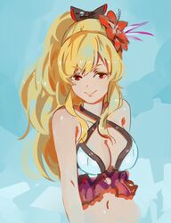  3four bare_shoulders black_bow blonde_hair bow breasts cleavage closed_mouth female flower granblue_fantasy hair_between_eyes hair_flower hair_ornament hairbow hibiscus large_breasts long_hair looking_at_viewer navel official_alternate_costume ponytail red_eyes simple_background smile solo swimsuit upper_body vira_(granblue_fantasy) vira_(summer)_(granblue_fantasy) 