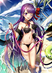  absurdres aqua_hair barefoot bb_(fate) bb_(fate/extra) beach bikini black_bikini blue_sky blush breasts cleavage cloud commentary_request day fate/extra fate/extra_ccc fate_(series) female floating_hair gradient_hair halterneck highres holding innertube leg_up long_hair lu&quot; medium_breasts multi-strapped_bikini multicolored_hair ocean one_eye_closed open_mouth outdoors palm_tree parasol photoshop_(medium) purple_eyes purple_hair sideboob sky solo standing standing_on_one_leg sunlight swim_ring swimsuit tree two-tone_background umbrella underboob very_long_hair 