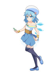  arms_up bare_arms bare_shoulders blue_eyes blue_footwear blue_hair blue_panties blue_skirt blue_thighhighs bracelet card cato_(monocatienus) cirno commentary cosplay dress endro! female flower full_body furrowed_brow garter_straps hair_between_eyes hat hat_flower holding holding_card jewelry light_smile looking_at_viewer meiza_endust meiza_endust_(cosplay) miniskirt panties pantyshot short_hair side_slit simple_background skirt solo standing standing_on_one_leg strapless strapless_dress thighhighs touhou underbust underwear white_background white_hat 