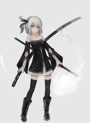  alternate_costume bad_id bad_pixiv_id bandaged_arm bandages bare_shoulders black_dress black_footwear black_ribbon black_thighhighs boots detached_sleeves dress dual_wielding expressionless female floral_print full_body green_eyes grey_background gyup hair_ribbon holding katana konpaku_youmu konpaku_youmu_(ghost) looking_at_viewer ootachi over-kneehighs ribbon sheath sheathed short_dress short_hair simple_background solo standing strapless strapless_dress sword thighhighs touhou weapon white_hair zettai_ryouiki 