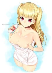  &gt;:) absurdres bad_id bad_twitter_id blonde_hair blunt_bangs blush bottle breasts cleavage collarbone cowboy_shot cropped_legs female highres large_breasts long_hair looking_at_viewer naked_towel nezumidoshi red_eyes simple_background smile solo tokyo_7th_sisters towel two_side_up uesugi_u._kyouko v-shaped_eyebrows 