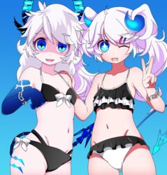  +_+ 2girls :d ;d bikini black_bikini blue_background blue_eyes blue_horns carlos_daniel chains chiliarch_(elsword) commentary_request diabla_(elsword) dual_persona elsword flat_chest frilled_bikini frills hair_ornament hairclip horns long_hair looking_at_viewer luciela_r._sourcream multiple_girls navel one_eye_closed open_mouth pointy_ears smile swimsuit tattoo twintails white_hair 