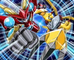  appmon armor bad_id bad_pixiv_id binary blue_eyes claws commentary_request digimon digimon_(creature) digimon_universe:_appli_monsters flying globemon green_eyes looking_at_viewer pen_(pen3) wargreymon wings 