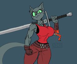  anthro armor belt biceps big_breasts blade bottomwear bracers breasts claymore clothed clothing daystone domestic_cat felid feline felis female fully_clothed gloves great_sword greatsword green_eyes handwear kocia_pierdocia lock longsword mammal muscular muscular_anthro muscular_female notched_ear pants shirt solo source_request tank_top topwear unavailable_at_source undershirt whiskers zer0frost 