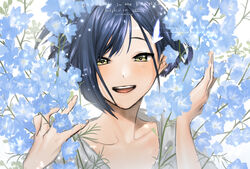  :d asymmetrical_hair blue_flower blue_hair collarbone commentary_request darling_in_the_franxx female flower hair_ornament hairclip happy holding holding_flower hutagi_rouka ichigo_(darling_in_the_franxx) larkspur_(flower) looking_at_viewer open_mouth parted_bangs portrait short_hair smile solo yellow_eyes 