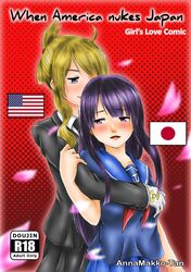  2girls ahoge american_flag anna_makko-tan artist_name assertive_female atomic_bombings_of_hiroshima_and_nagasaki black_skirt blonde_hair blue_skirt blush commentary freckles gloves grabbing grabbing_another&#039;s_breast highres hug hug_from_behind japan japanese_flag long_hair long_sleeves multiple_girls neckerchief original pleated_skirt purple_eyes purple_hair school_uniform serafuku short_sleeves size_difference skirt united_states white_gloves world_war_ii yuri 