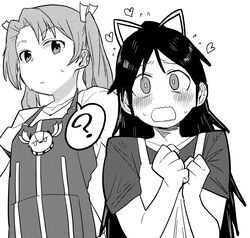  2girls ? abyssal_crane_princess apron blush closed_mouth collarbone commentary_request constricted_pupils flying_sweatdrops greyscale hair_ribbon heart high_ponytail jitome kantai_collection katsuragi_(kancolle) long_hair looking_at_viewer maku-raku monochrome multiple_girls ribbon shirt short_sleeves simple_background spoken_question_mark sweat t-shirt twintails upper_body wavy_mouth white_background zuikaku_(kancolle) 