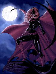  batwoman bodysuit boots cape dc_comics female full_moon gargoyle gauntlets high_heel_boots kate_kane mask moon night red_hair red_shoes solo standing wig 