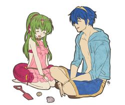  1boy closed_eyes commentary english_commentary female fire_emblem fire_emblem:_mystery_of_the_emblem fire_emblem_heroes green_hair hair_ornament maji_(majibomber) marth_(fire_emblem) official_alternate_costume one-piece_swimsuit pointy_ears ponytail short_hair smile swimsuit tiara tiki_(fire_emblem) tiki_(young)_(fire_emblem) 