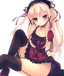  :p blonde_hair blush brown_eyes choker clothes_lift commentary_request dress dress_lift female finger_to_mouth garter_straps gothic_lolita hairband lolita_fashion lolita_hairband long_hair original rubi-sama solo thighhighs thighs tongue tongue_out very_long_hair 