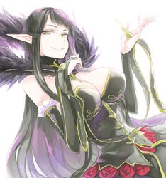  bad_id bad_pixiv_id bare_shoulders black_hair blunt_bangs breasts bridal_gauntlets cleavage commentary corset detached_sleeves dutch_angle fate/apocrypha fate_(series) feather_boa female fur_trim large_breasts long_hair looking_at_viewer mila_(yuta27315) parted_lips pointy_ears ribbon semiramis_(fate) sidelocks smile solo spikes standing white_background yellow_eyes 