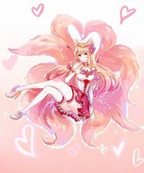  ahri alternate_costume alternate_eye_color alternate_hair_color animal_ears boots breasts choker detached_sleeves female fox_ears fox_tail hair_ornament hairband high_heel_boots high_heels league_of_legends legs long_hair long_legs magical_girl multiple_tails peach_hair skirt star_guardian_ahri stiletto_heels tail thigh_boots thighhighs thighs white_legwear 