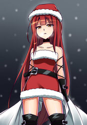  bare_shoulders belt black_footwear black_gloves boots breath choker christmas collarbone commentary_request cowboy_shot crimson_avenger_(elsword) dress elesis_(elsword) elsword female fur_trim gloves hat highres long_hair looking_at_viewer loose_belt open_mouth red_dress red_hair sack santa_hat short_dress snowing solo strapless strapless_dress thigh_boots thighhighs tube_dress very_long_hair yellow_eyes zetsuei_(zetto) zettai_ryouiki 