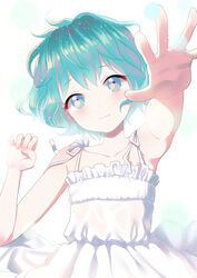  aqua_hair bad_id bad_pixiv_id bare_arms bare_shoulders blue_eyes blush closed_mouth collarbone dress female frills furururu green_eyes green_hair head_tilt light_particles looking_at_viewer open_hand original outstretched_arm palms reaching reaching_towards_viewer short_hair sleeveless sleeveless_dress smile solo spaghetti_strap spread_fingers upper_body wavy_hair white_background white_dress 