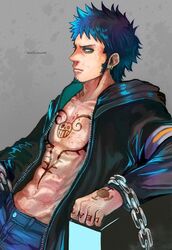  1boy abs blue_hair chains chair dressrosa earrings goatee jacket jippei male_focus one_piece open_shirt sitting solo tattoo trafalgar_law unzipped yellow_eyes 