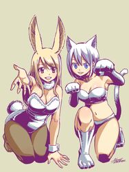  2girls :3 animal_ears animal_hands arm_support artist_name bell bikini black_legwear blonde_hair blue_eyes breasts brown_eyes cat_ears cat_feet cat_paws cat_tail cleavage coat collar commentary fairy_tail full_body fur_bikini fur_coat fur_trim grey_background jingle_bell kemonomimi_mode kneeling large_breasts leotard lisanna_strauss long_hair looking_at_viewer lucy_heartfilia mashima_hiro multiple_girls navel neck_bell on_one_knee pantyhose paw_pose playboy_bunny pose rabbit_ears rabbit_tail reaching reaching_towards_viewer shiny_skin short_hair sidelocks smile straight_hair swimsuit tail white_hair wrist_cuffs wristband 