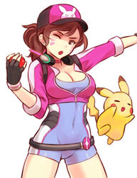  adapted_costume baseball_cap black_gloves breasts brown_eyes brown_hair choker cleavage commentary cosplay covered_navel cowboy_shot crop_top cropped_jacket crossover d.va_(overwatch) facial_mark female female_protagonist_(pokemon_go) female_protagonist_(pokemon_go)_(cosplay) fingerless_gloves gloves hat headphones holding holding_poke_ball jacket long_hair looking_at_viewer medium_breasts one_eye_closed open_mouth outstretched_arm overwatch overwatch_1 pikachu pink_jacket poke_ball poke_ball_(basic) pokemon pokemon_(creature) pokemon_go ponytail sieyarelow simple_background skin_tight swept_bangs whisker_markings white_background 