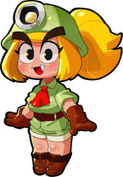  2018 4_fingers armor blonde_hair boots bottomwear breasts chi-iz clothing digital_media_(artwork) fangs female fingers footwear gloves goomba goombella hair handwear headgear helmet hi_res humanoid looking_at_viewer mario_bros nintendo not_furry open_mouth paper_mario shorts simple_background smile solo teeth white_background 