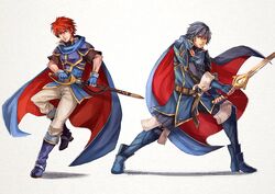  2boys armor blue_armor blue_cape blue_eyes blue_footwear blue_hair cape chrom_(fire_emblem) circlet commentary_request cosplay eliwood_(fire_emblem) falchion_(fire_emblem) fire_emblem fire_emblem:_the_binding_blade fire_emblem:_the_blazing_blade fire_emblem_awakening frown full_body furrowed_brow gloves gzei long_hair looking_at_viewer lucina_(fire_emblem) lucina_(fire_emblem)_(cosplay) multiple_boys rapier red_cape red_hair roy_(fire_emblem) roy_(fire_emblem)_(cosplay) short_hair smile sword tiara weapon white_background 