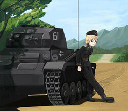  blonde_hair blue_eyes caterpillar_tracks cloud commentary_request day dokuro_chuuso female german_commentary grass gun lowres machine_gun military military_uniform military_vehicle motor_vehicle original outdoors panzer_ii photoshop_(medium) sky tank tree uniform weapon 