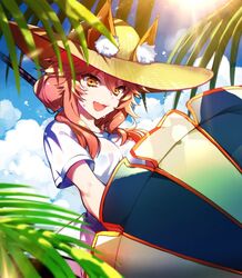  :d animal_ears cloud commentary_request day ears_through_headwear fate/grand_order fate_(series) female fox_ears hat long_hair open_mouth outdoors parasol pink_hair protected_link shirt sky smile solo sun sun_hat sweat tamamo_(fate) tamamo_no_mae_(swimsuit_lancer)_(fate) tamamo_no_mae_(swimsuit_lancer)_(first_ascension)_(fate) umbrella upper_body wingtemple yellow_eyes 