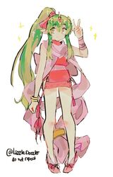  blush cape commentary_request dress female fire_emblem fire_emblem:_mystery_of_the_emblem green_eyes green_hair hair_ornament hair_ribbon jewelry long_hair looking_at_viewer pointy_ears pomme_(lazzledazzle) ponytail ribbon solo tiki_(fire_emblem) tiki_(young)_(fire_emblem) 