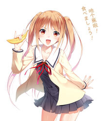  aho_girl banana blush breasts chinese_commentary chinese_text cleavage commentary_request female food fruit hanabatake_yoshiko long_hair long_sleeves medium_breasts open_mouth orange_eyes orange_hair partial_commentary school_uniform solo translated twintails xia_xiang_(ozicha) 