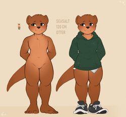  anthro barefoot biped bottomless brown_body brown_fur clothed clothing english_text featureless_crotch feet footwear fur green_eyes male mammal model_sheet mustelid nude otter seasalt_(seniorseasalt) seniorseasalt shoes simple_background slightly_chubby solo tan_background text 