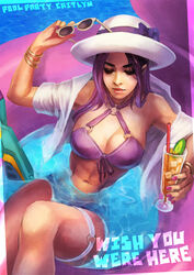  absurdres afloat alternate_costume alternate_hair_color bangle bikini bracelet breasts caitlyn_(league_of_legends) cleavage closed_eyes cocktail commentary english_commentary female front-tie_bikini_top front-tie_top hat highres holding holding_removed_eyewear innertube jewelry league_of_legends lips long_hair medium_breasts monori_rogue navel o-ring o-ring_bikini open_clothes open_shirt partially_submerged photoshop_(medium) pool pool_party_(league_of_legends) pool_party_caitlyn purple_hair solo stomach sun_hat sunglasses swim_ring swimsuit thigh_strap toned unworn_eyewear 