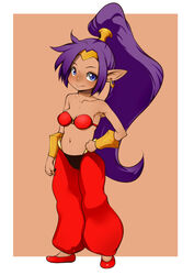  2018 blue_eyes bottomwear breasts clothed clothing ear_piercing female footwear genie hair hand_on_hip humanoid humanoid_pointy_ears j7w long_hair midriff navel not_furry pants piercing ponytail purple_hair shantae shantae_(series) shoes smile solo wayforward 