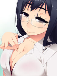  black_hair bra breasts brown_eyes cleavage commentary_request female glasses hayashi_custom highres large_breasts long_hair original photoshop_(medium) school_uniform solo underwear upper_body 