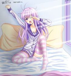  ;o adapted_costume artist_name blush collarbone commentary_request female full_body highres indoors light_rays long_hair messy_hair morning nepgear neptune_(series) on_bed one_eye_closed purple_eyes purple_hair signature sitting sleepwear solo stretching striped_clothes striped_thighhighs teeth thighhighs upper_teeth_only waking_up weresdrim window 