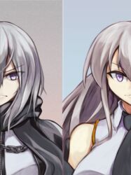  azur_lane black_coat black_necktie cape coat collared_shirt commentary_request dark_persona dual_persona enterprise_(azur_lane) enterprise_(meta)_(azur_lane) female grey_hair hair_between_eyes hat highres long_hair marshall_k necktie open_clothes open_coat purple_eyes scarf shirt sleeveless sleeveless_shirt unworn_hat unworn_headwear 