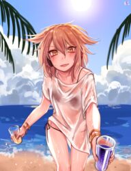  alternate_costume beach bikini bikini_under_clothes black_bikini blurry cloud cloudy_sky collarbone commentary_request day depth_of_field female hair_between_eyes hair_flaps highres light_brown_hair looking_at_viewer ocean oerba_yun_fang open_mouth outdoors palm_leaf palm_tree reaching reaching_towards_viewer see-through shan shirt short_hair sky smile solo sun sunlight swimsuit touhou toyosatomimi_no_miko tree tsurime wet wet_clothes wet_shirt yellow_eyes 